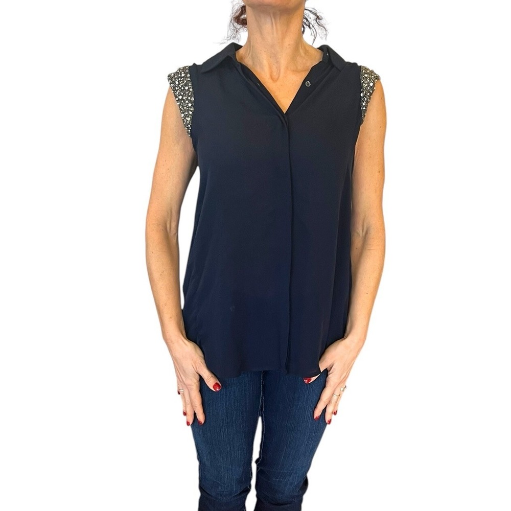 Women's HAUTE HIPPIE Navy Blue Beaded Embellished Cap Sleeve Silk Blouse S $395 - Picture 7 of 16